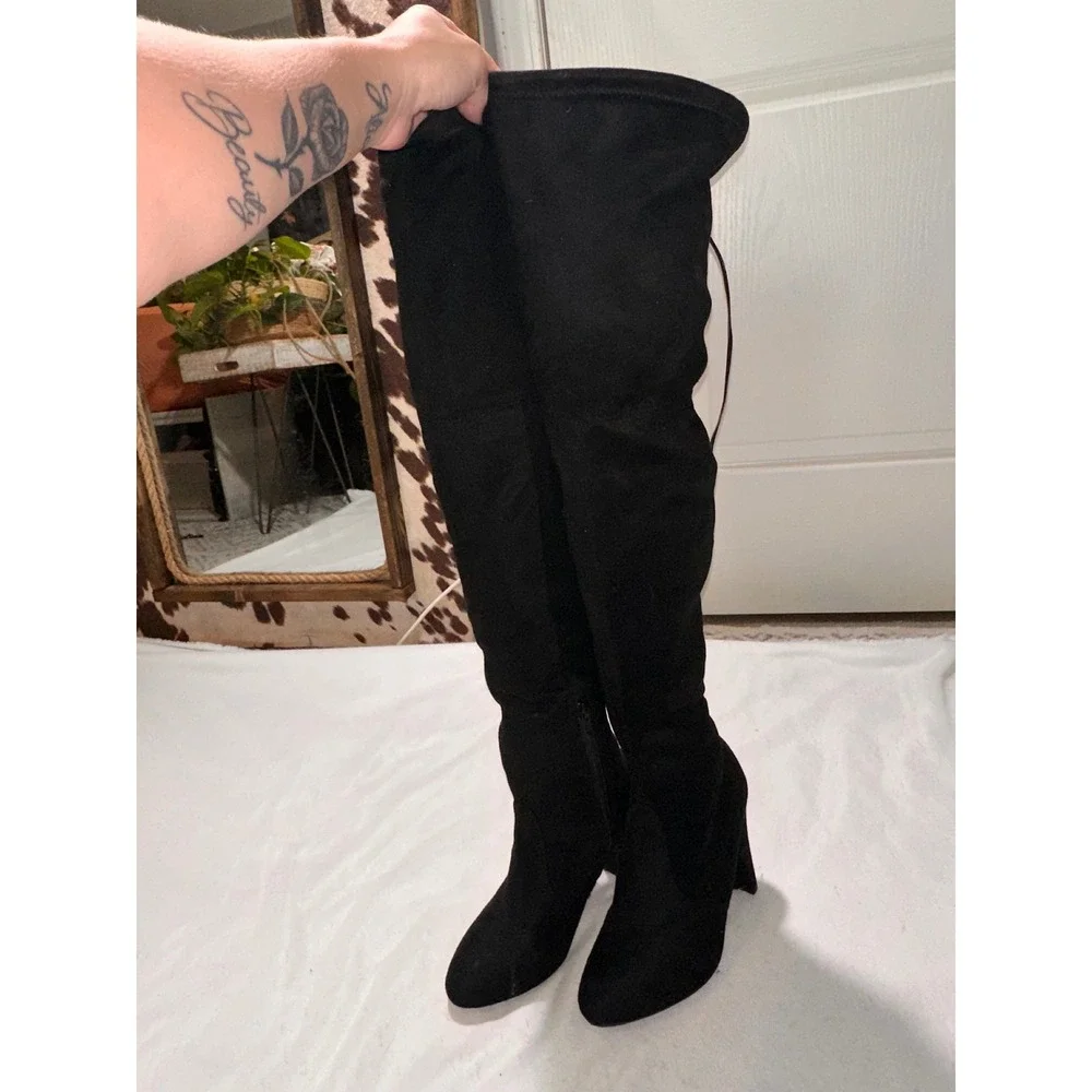 Womens Black Faux Suede Over The Knee Thigh High Block Heel Boots Size 8.5